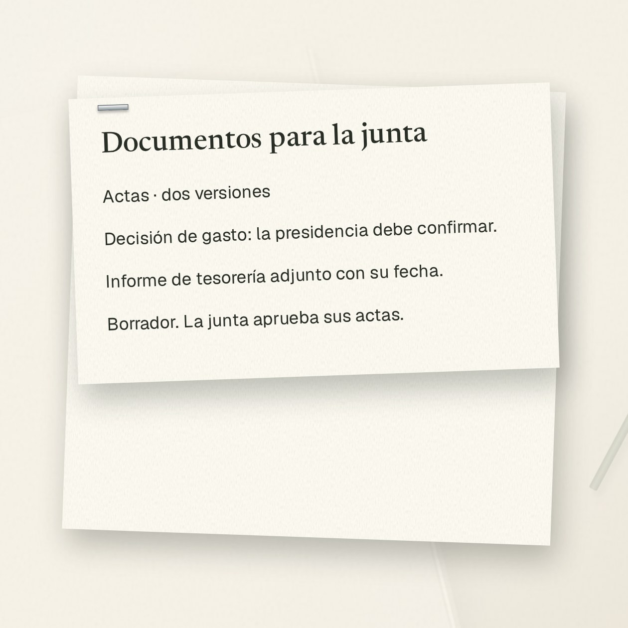 Jueves. Tú: Compara estos archivos de la junta. Prepara el paquete de documentos y señala las versiones que no coinciden. Grantkeeper: El borrador del paquete está listo. Las dos actas difieren en la decisión de gasto y ninguna figura como aprobada. Dejé ese punto pendiente e indiqué quién debe confirmarlo. Adjunté el informe de tesorería con su fecha.