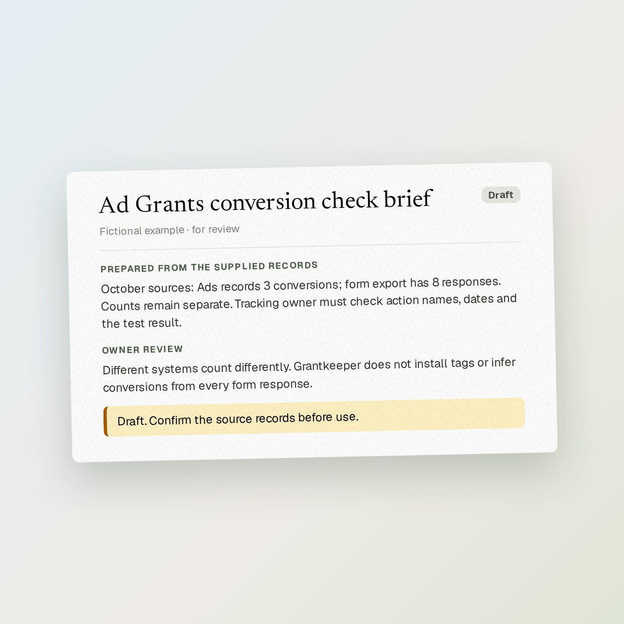 Lo que recibe: Una comparación de conversiones registradas e inscripciones, con períodos y preguntas para quien mantiene el seguimiento.