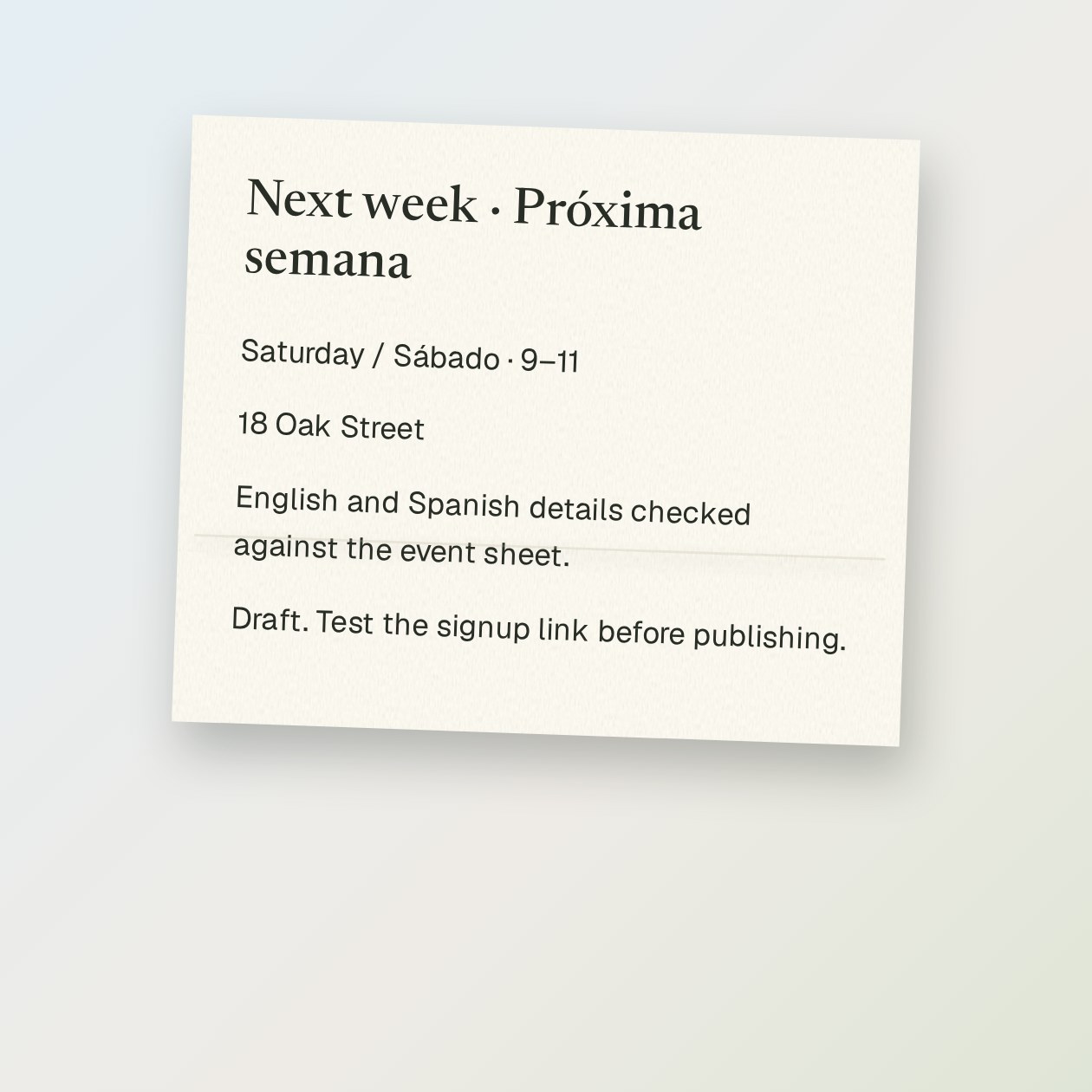 Lo que recibe: Una comparación con datos que no coinciden, fechas ambiguas y texto para revisión por una persona hispanohablante local.