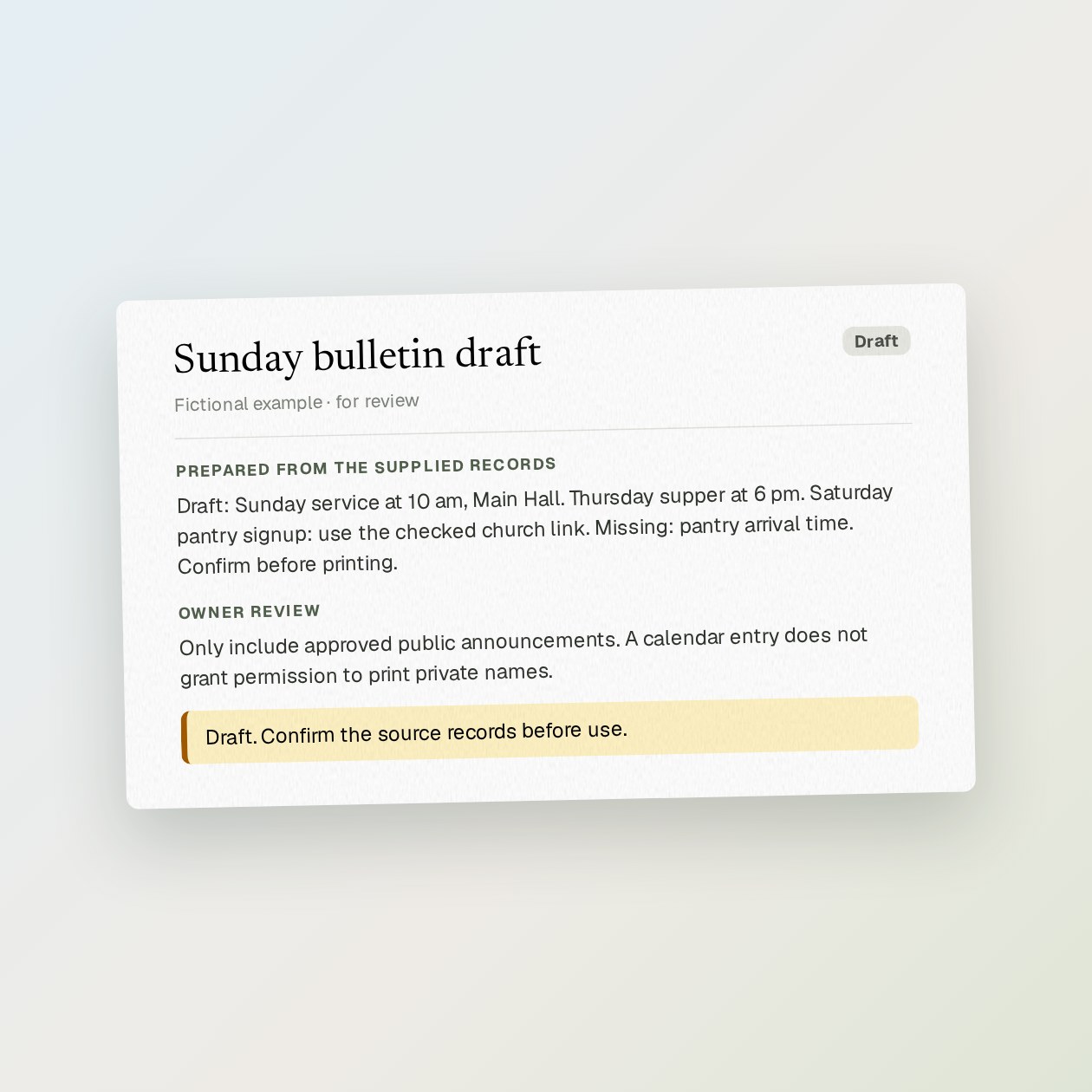 Lo que recibe: Un boletín preliminar con datos del culto, próximos eventos, enlaces de inscripción y una lista de pendientes.